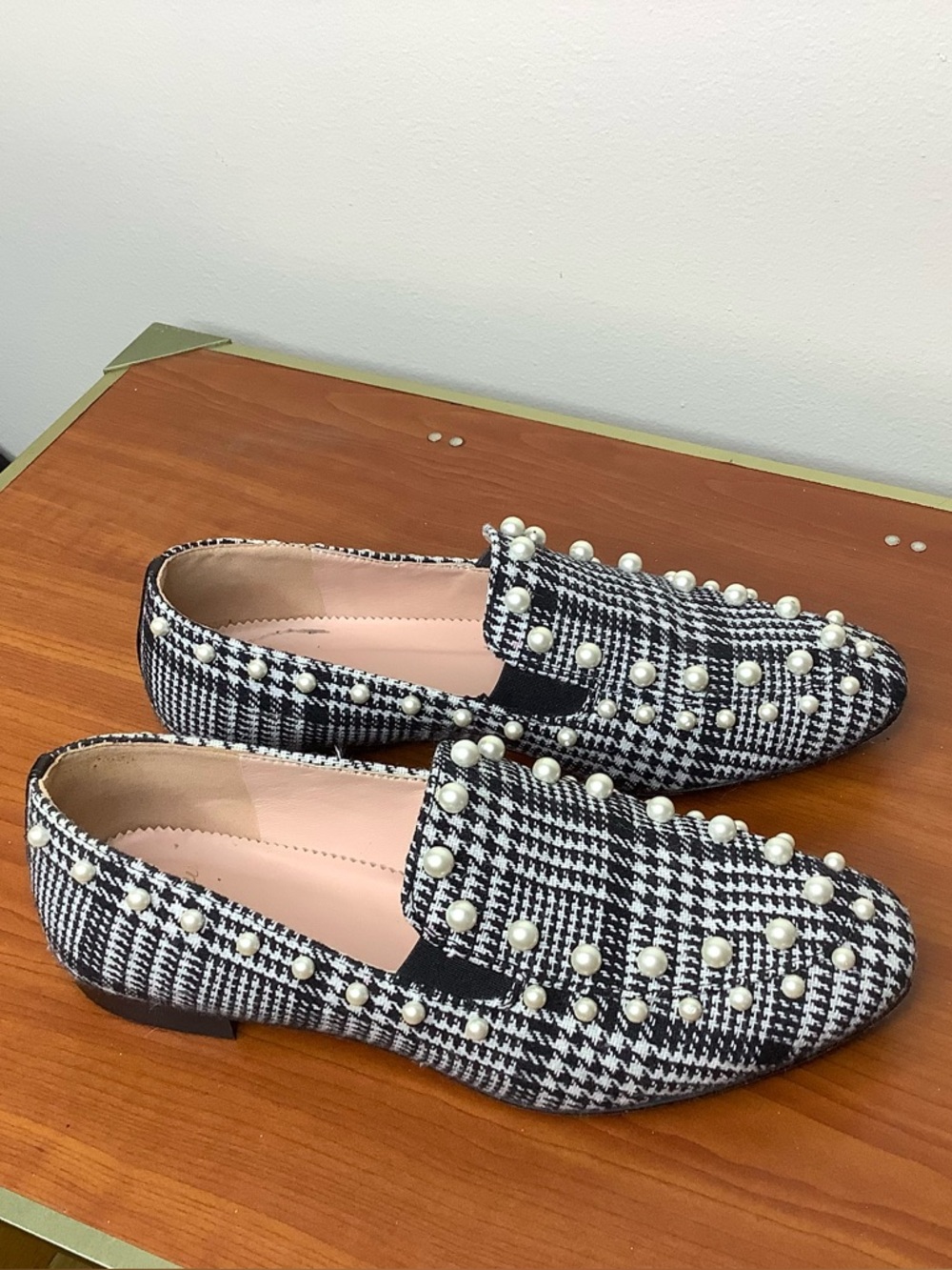 J. Crew Black & White Houndstooth Pearl-Trim Loafers